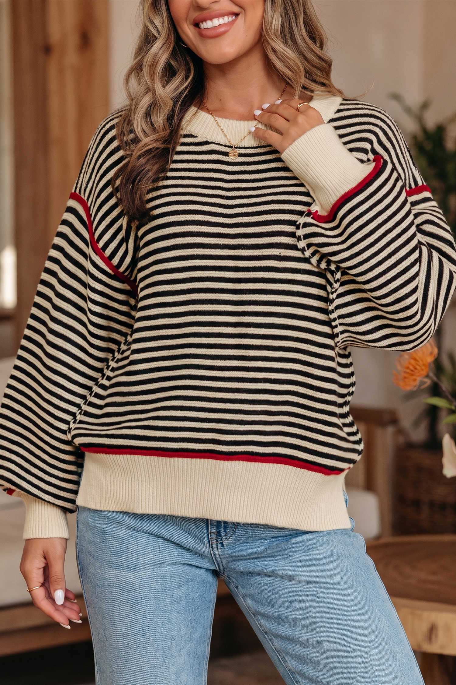 Black Stripe Ribbed Trim Drop Shoulder Oversized Pullover Sweater