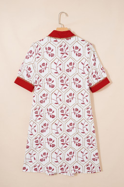 Red Geometric Floral Print Lace Trim Collared Short Sleeve Mini Dress