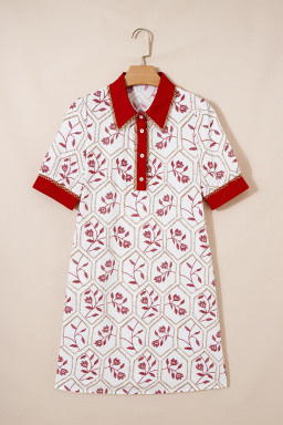 Red Geometric Floral Print Lace Trim Collared Short Sleeve Mini Dress
