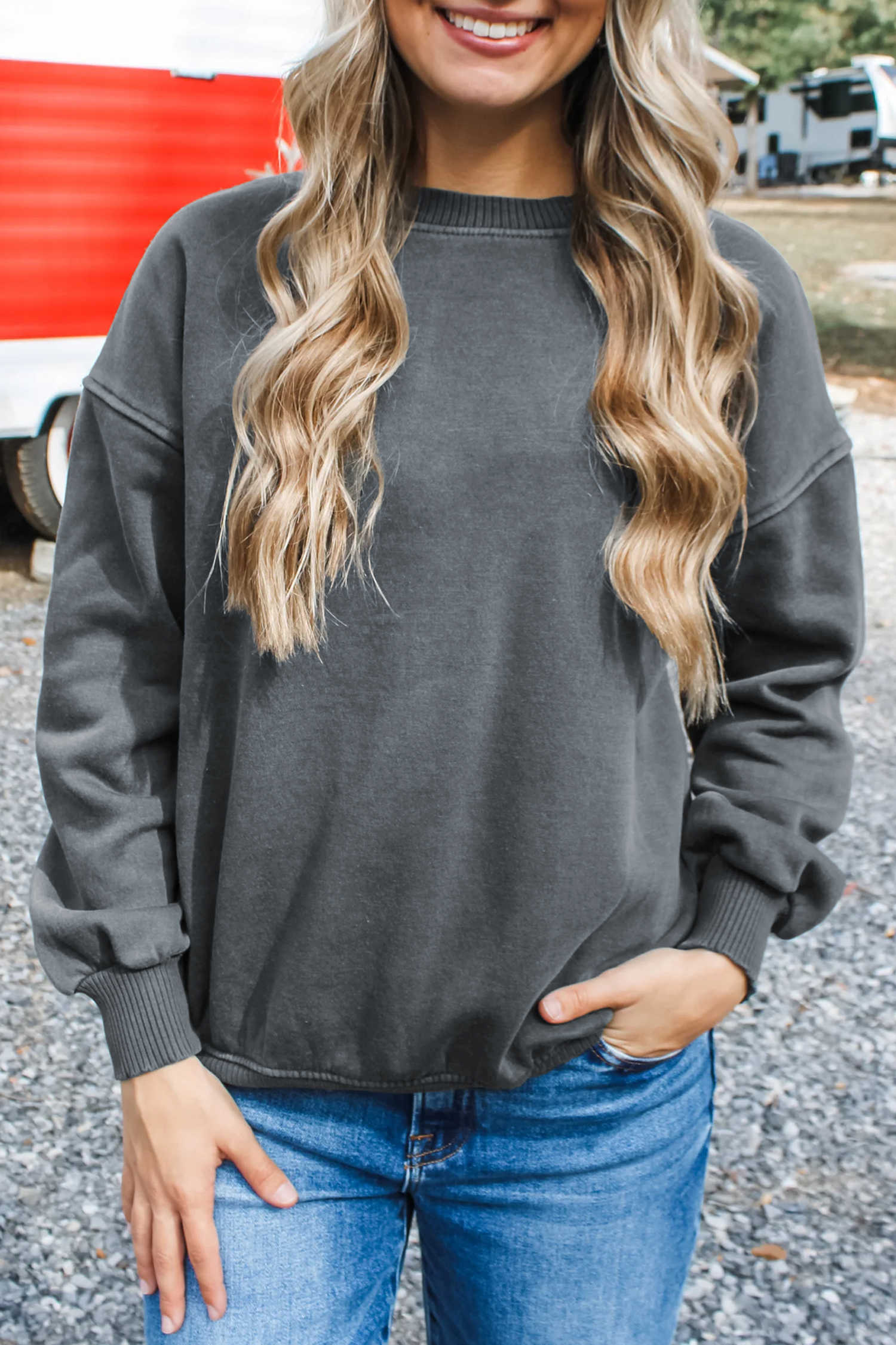 Medium Grey Mineral Wash Ribbed Cuffs Hem Round Neck Cotton Sweatshirt