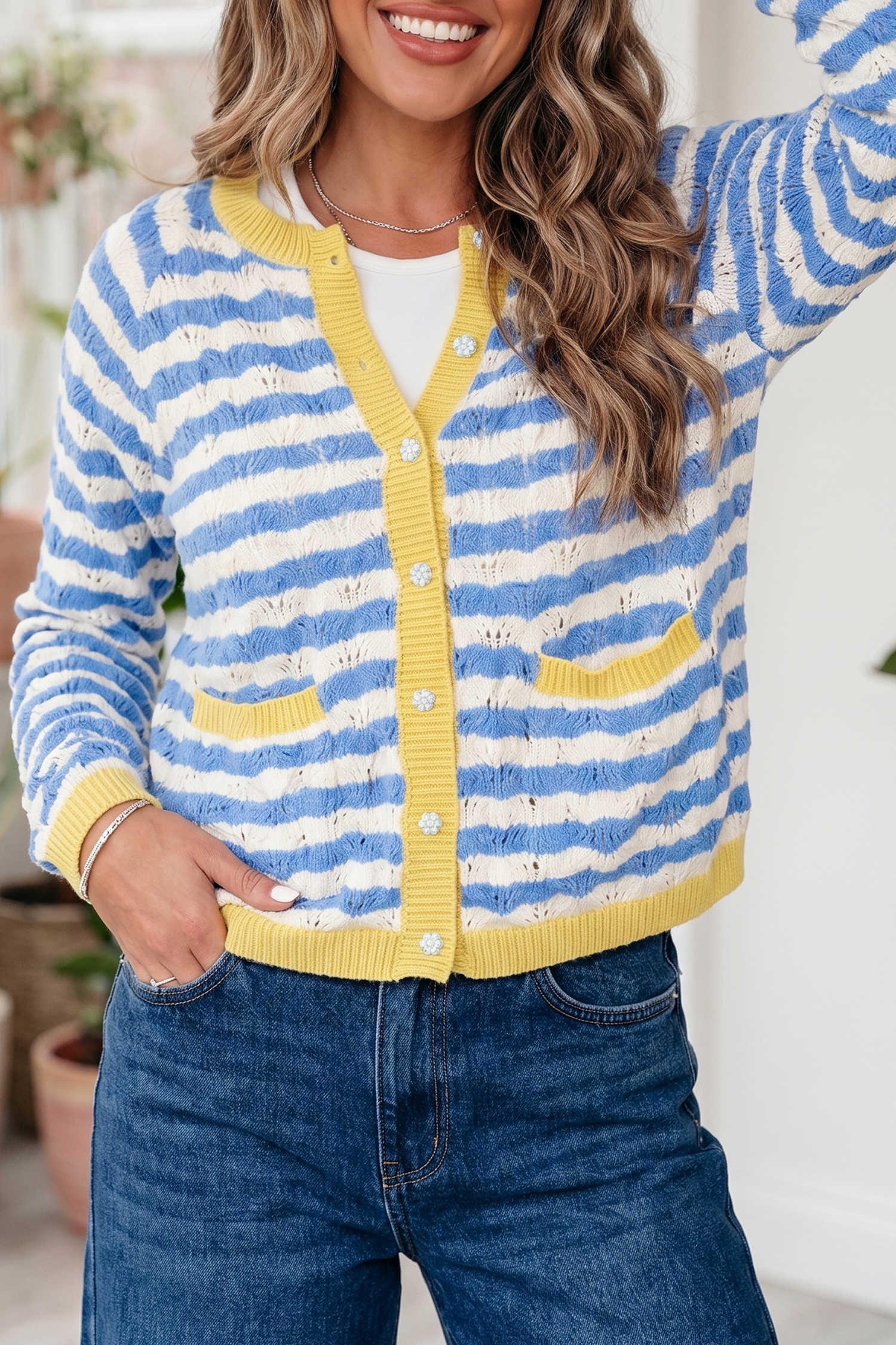 Sky Blue Stripe Hollow Out Knit Colorblock Trim Button Down Sweater Cardigan