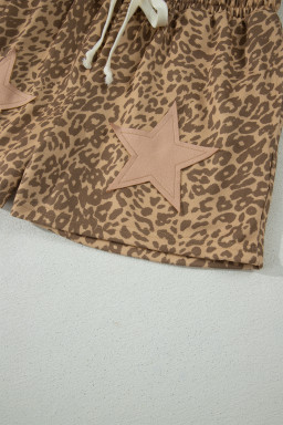 Khaki Leopard Drawstring Elastic Waist Star Patched Shorts