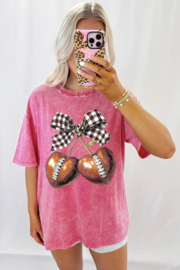 Rose Red Retro Plaid Cherry Football Game Day Graphic T Shirt