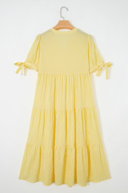 Yellow Gingham Textured Bow Tie Short Sleeve Tiered Midi Dress