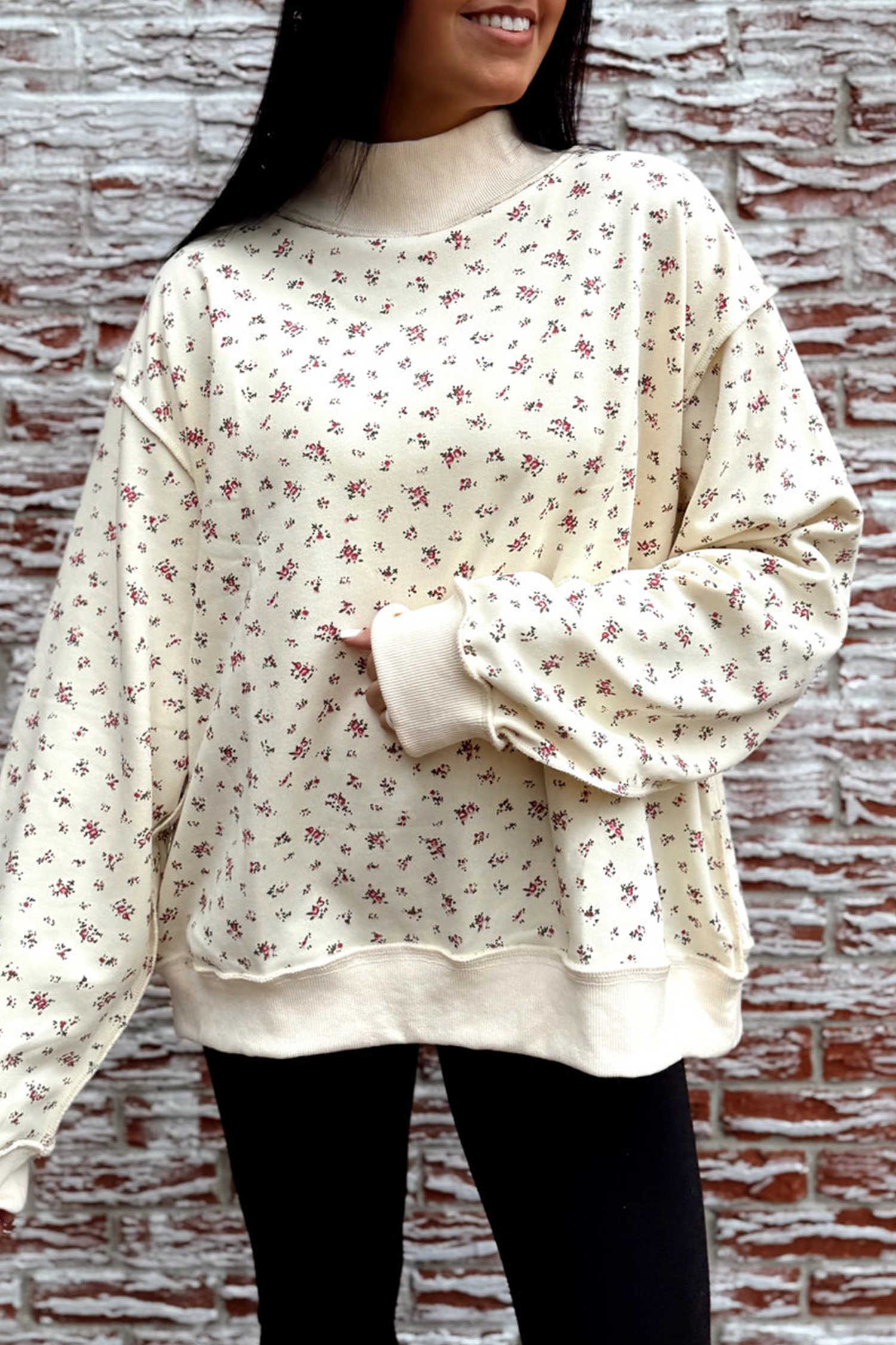 Beige Floral Print Exposed Seam High Neck Casual Sweatshirt