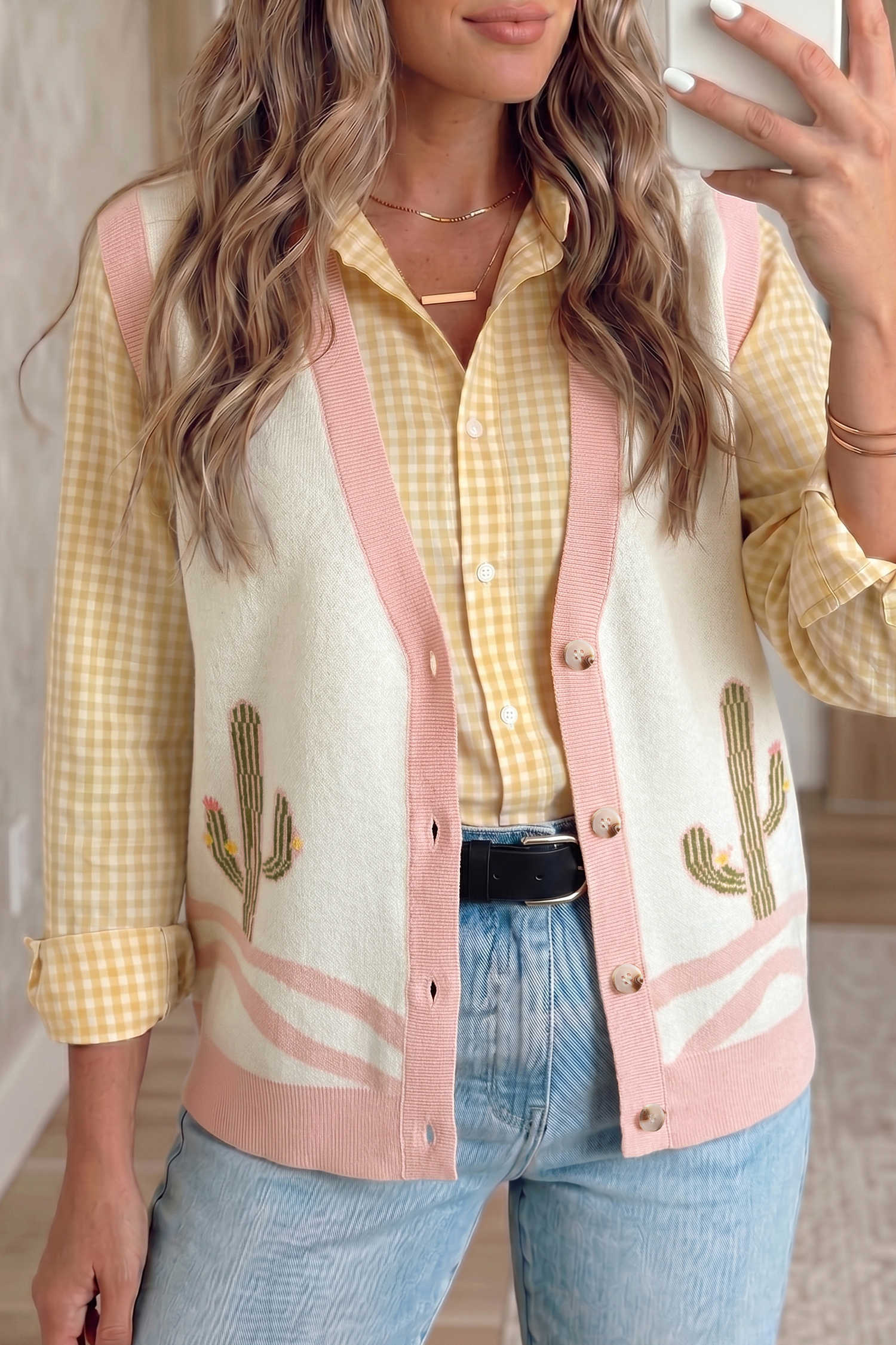 Pink Cactus Pattern Button Front Sleeveless Knit Vest Western Style Casual Daily Wear