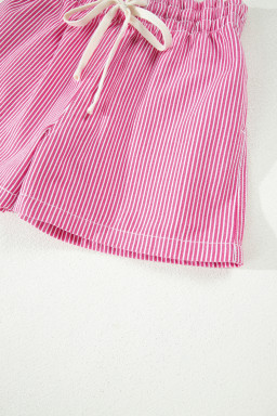 Pink Stripe Drawstring Elastic Waist Casual Denim Shorts