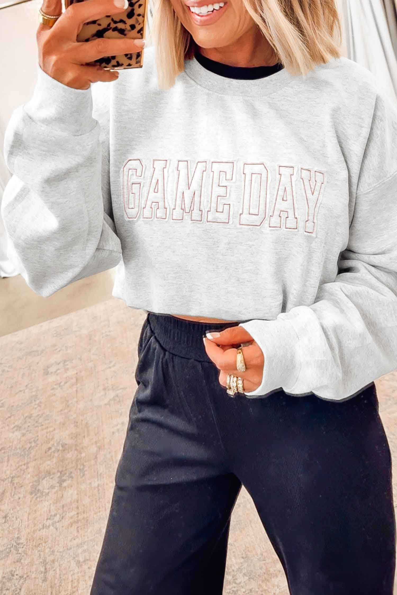 Light Grey Game Day Letter Print Dropped Shoulder Casual Sweatshirt