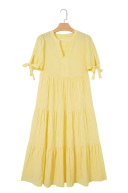 Yellow Gingham Textured Bow Tie Short Sleeve Tiered Midi Dress