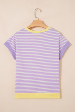 Purple Stripe Striped Colorblock Paneling Collar Cuff Hem Texture T-Shirt