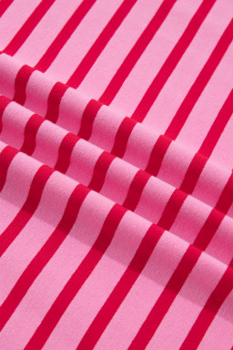 Pink Stripe Scalloped Trim Round Neck T Shirt