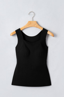 Black Solid Color Wide Strap Splicing Athleisure Tank Top