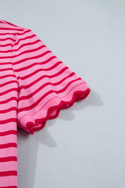 Pink Stripe Scalloped Trim Round Neck T Shirt