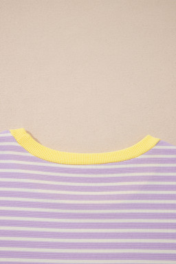 Purple Stripe Striped Colorblock Paneling Collar Cuff Hem Texture T-Shirt