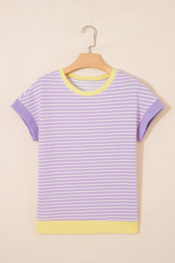 Purple Stripe Striped Colorblock Paneling Collar Cuff Hem Texture T-Shirt