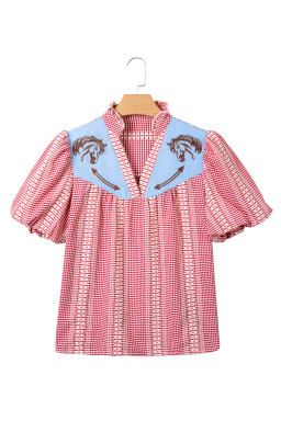 Red Western Pony Embroidered Yoke Puff Sleeve Gingham Blouse