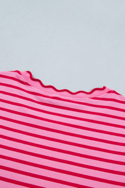 Pink Stripe Scalloped Trim Round Neck T Shirt