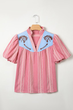 Red Western Pony Embroidered Yoke Puff Sleeve Gingham Blouse