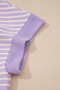 Purple Stripe Striped Colorblock Paneling Collar Cuff Hem Texture T-Shirt