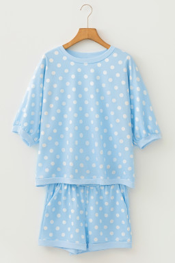 Sky Blue Polka Dot Oversized Top Drawstring Short Set