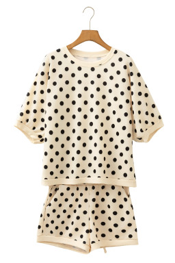 Beige Polka Dot Oversized Top Drawstring Short Set