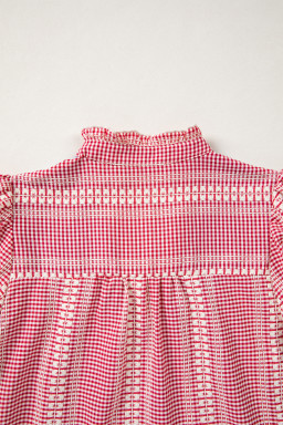 Red Western Pony Embroidered Yoke Puff Sleeve Gingham Blouse