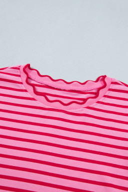Pink Stripe Scalloped Trim Round Neck T Shirt