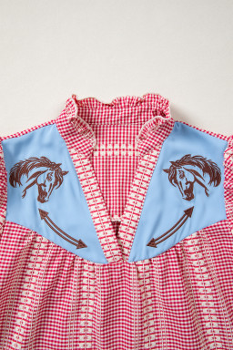 Red Western Pony Embroidered Yoke Puff Sleeve Gingham Blouse