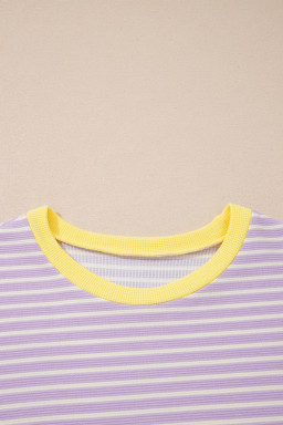 Purple Stripe Striped Colorblock Paneling Collar Cuff Hem Texture T-Shirt