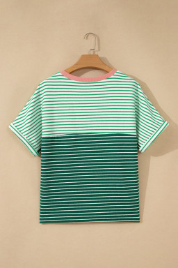 Green Stripe Contrast Print Color Block Detail Relaxed Tee