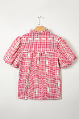 Red Western Pony Embroidered Yoke Puff Sleeve Gingham Blouse