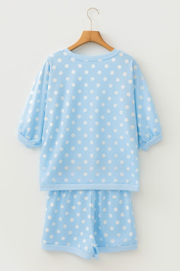 Sky Blue Polka Dot Oversized Top Drawstring Short Set
