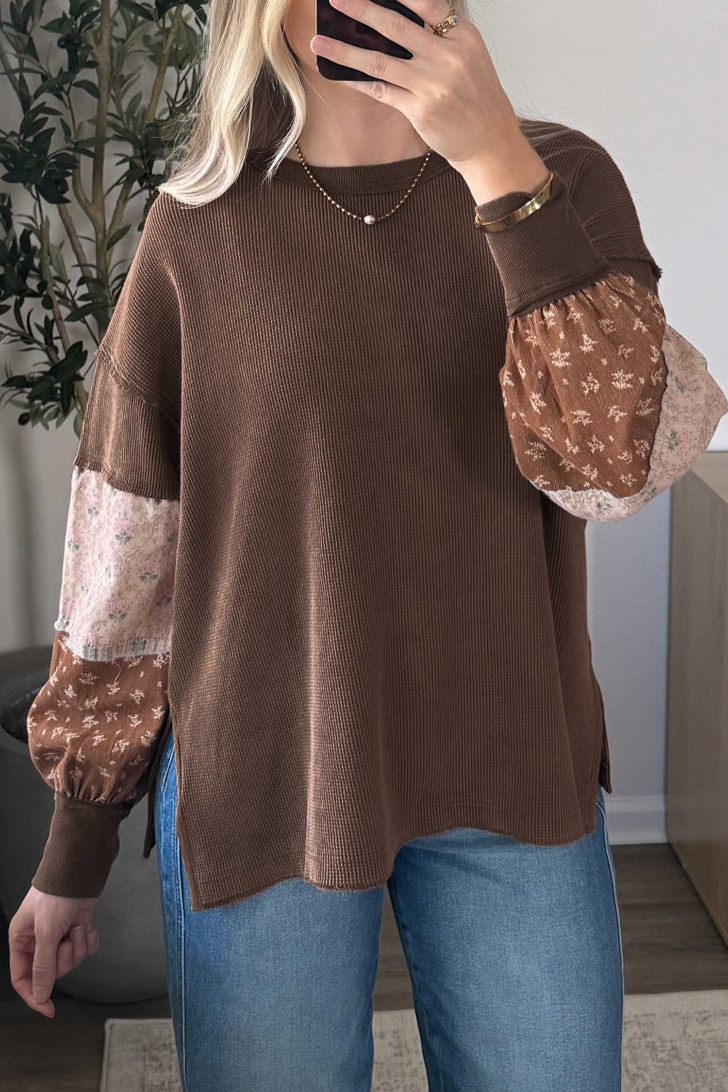 Coffee Floral Print Colorblock Long Sleeve Textured Loose Pullover Tunic Top
