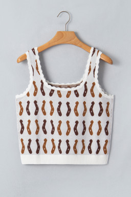 White Western Leopard/ Horseshoe Printed Scalloped Trim Square Neck Sweater Vest