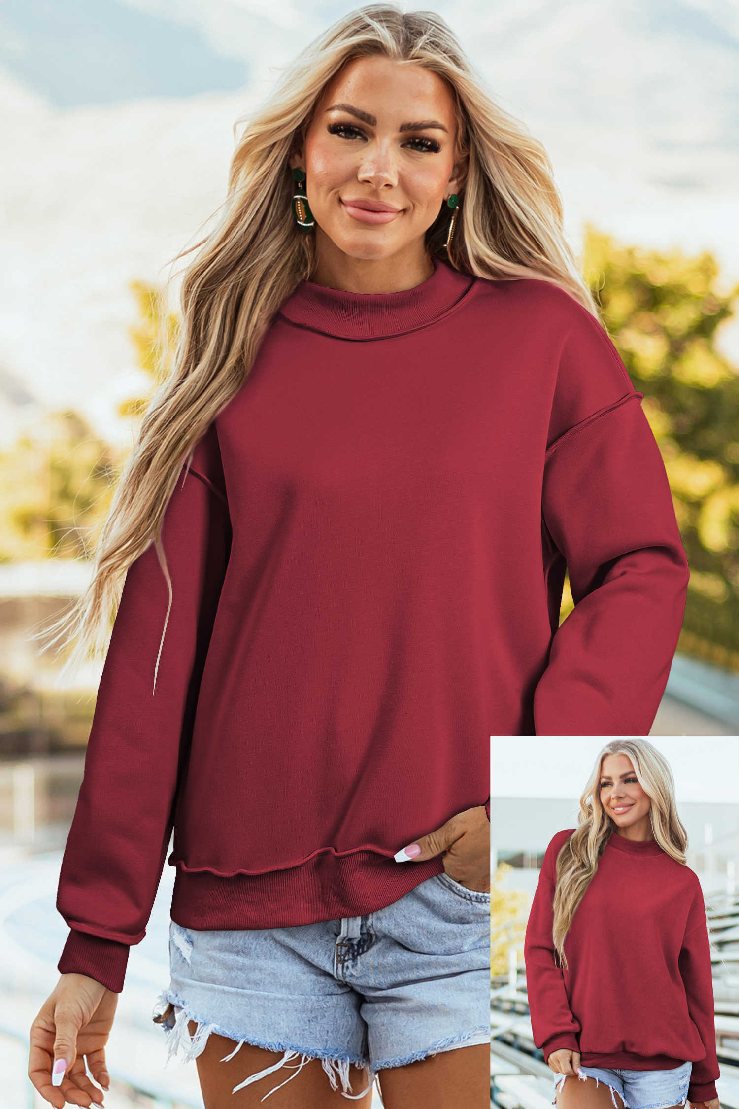 Red Dahlia Oversize Drop Shoulder Reversible Mock Neck Sweatshirt