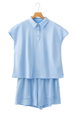 Mist Blue Solid Color Polo Tee Elastic Waist Shorts Plus Size Outfit