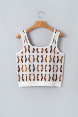 White Western Leopard/ Horseshoe Printed Scalloped Trim Square Neck Sweater Vest