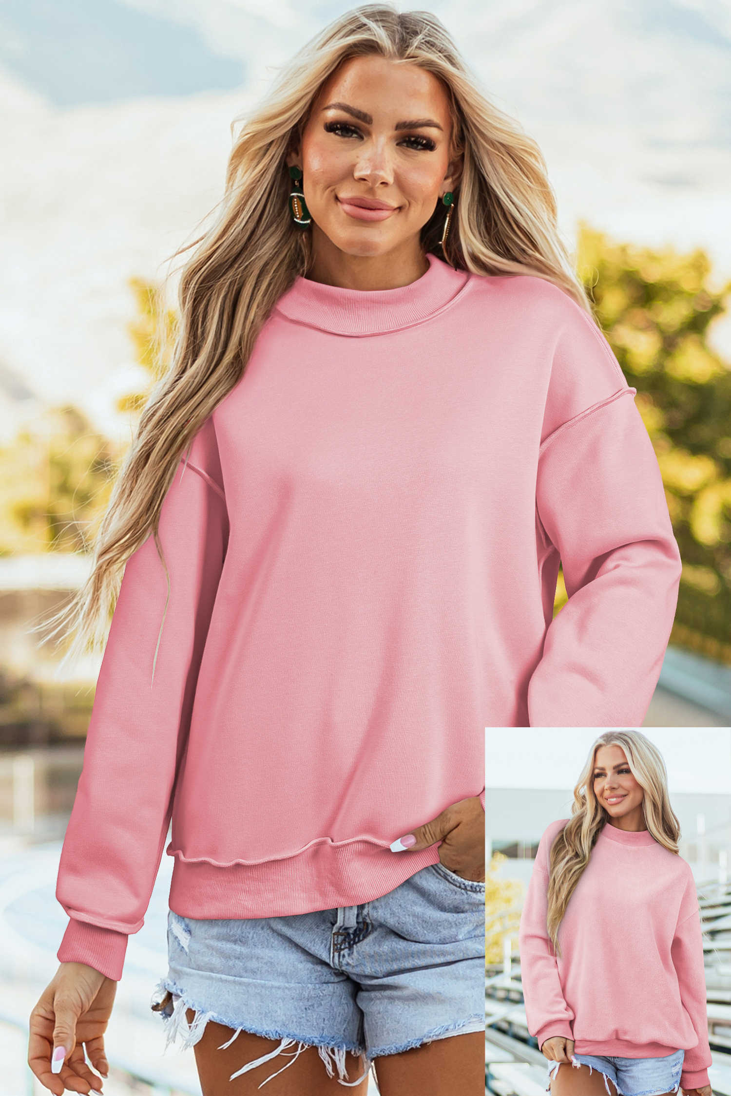 Light Pink Oversize Drop Shoulder Reversible Mock Neck Sweatshirt