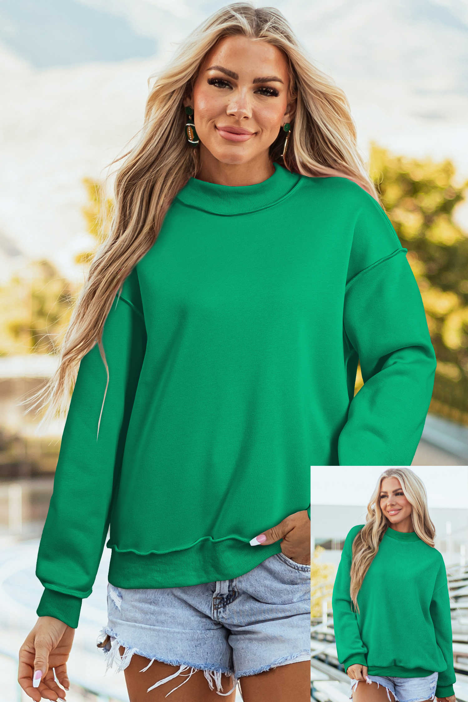 Bright Green Oversize Drop Shoulder Reversible Mock Neck Sweatshirt