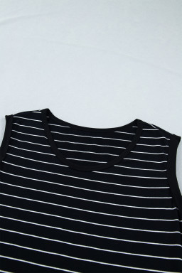 Black Stripe Drawstring Tunic Tank Mini Dress with Pockets