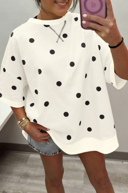 Beige Polka Dot Print Crossed Seam Detail Oversize Tee