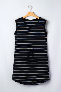 Black Stripe Drawstring Tunic Tank Mini Dress with Pockets