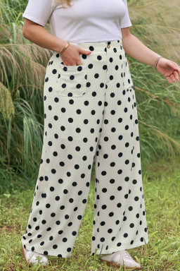 White Plus Size Polka Dot Print Patch Pocket Womens Shift Pants
