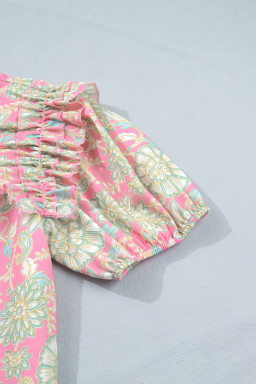 Pink Tie V Neck Floral Short Puff Sleeve Blouse