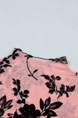 Gossamer Pink Retro Floral Print Mesh Long Sleeve Pullover Blouse