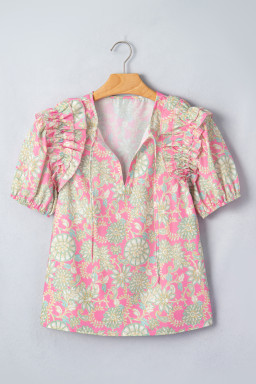 Pink Tie V Neck Floral Short Puff Sleeve Blouse
