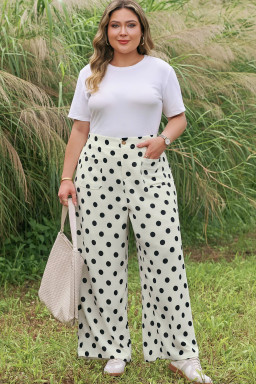 White Plus Size Polka Dot Print Patch Pocket Womens Shift Pants