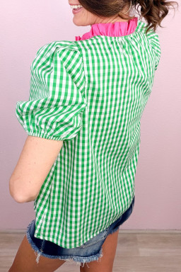 Green Gingham Plaid Bubble Sleeve Colorblock Trim V Neck Blouse