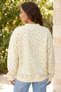 Beige Floral Print Stand Neck Long Sleeve Slogan Sweatshirt
