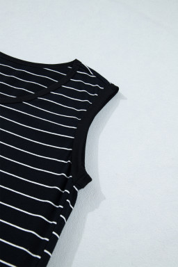 Black Stripe Drawstring Tunic Tank Mini Dress with Pockets